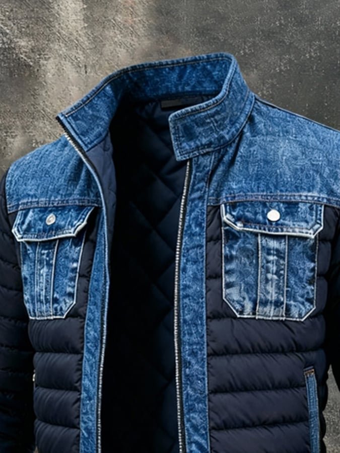 Comfortable men's quilted puffer jacket, urban style. Warm, insulated winter outerwear for casual cold weather wear.