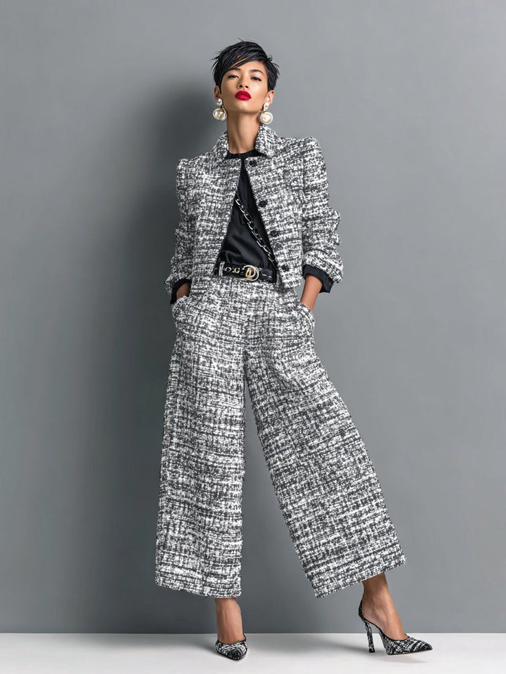 Chic women's tweed cropped blazer and wide-leg trouser set, ideal for formal occasions & stylish women's fashion.