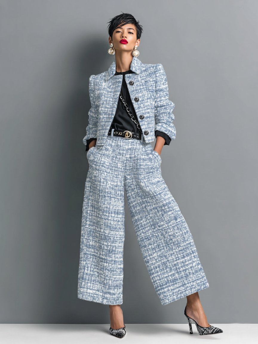 Sophisticated women's tweed set featuring a cropped jacket & flattering wide-leg pants for elegant formal or office attire.