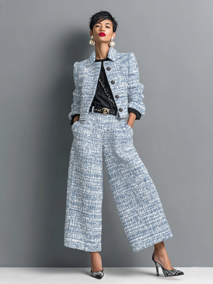 Sophisticated women's tweed set featuring a cropped jacket & flattering wide-leg pants for elegant formal or office attire.