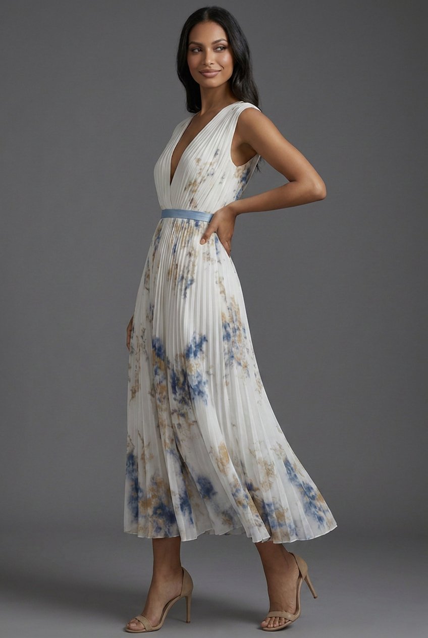 Formal V-neck floral midi dress with elegant pleats, ideal for parties & occasion wear.