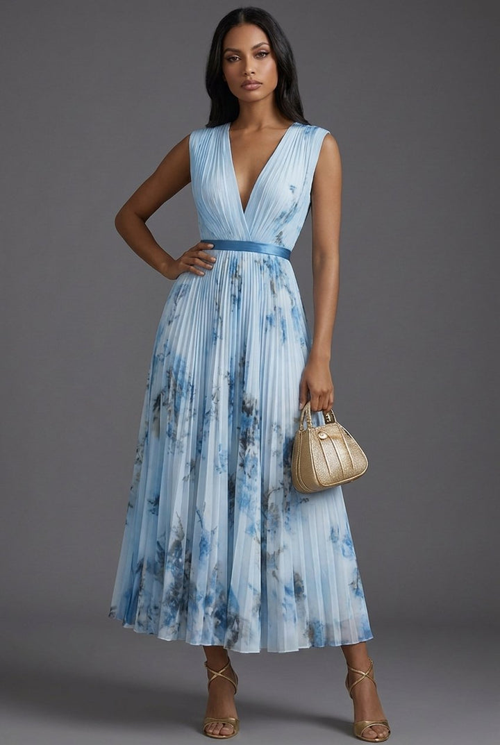 Elegant women's V-neck floral midi dress, pleated & perfect for a wedding guest or special occasion.