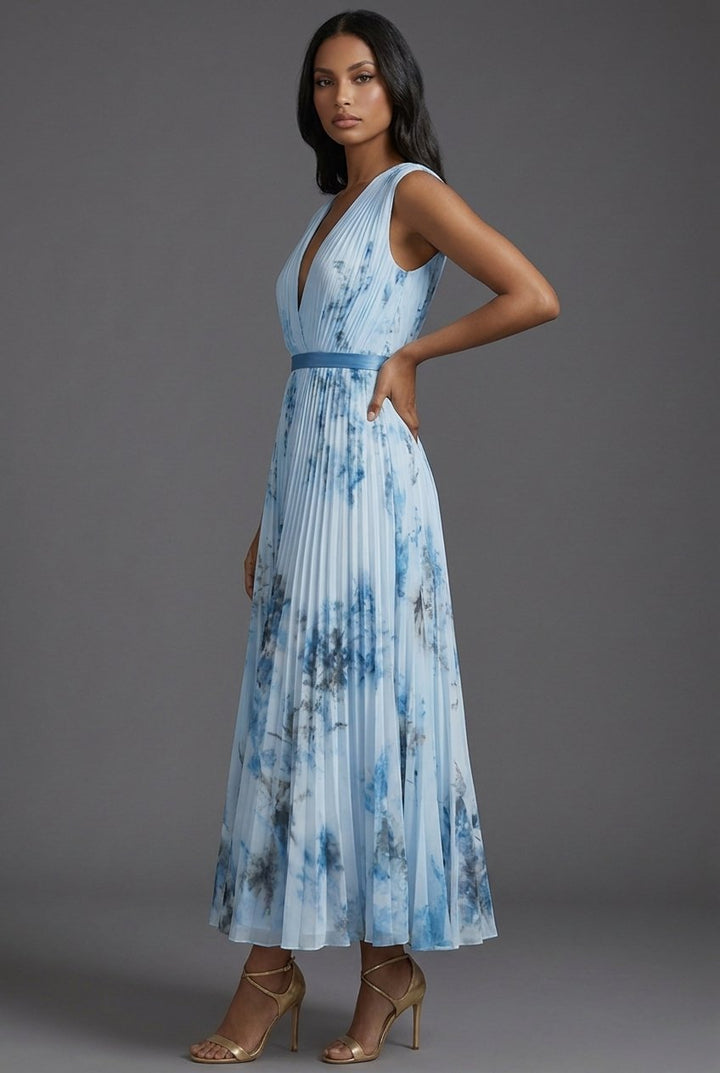 Stylish pleated floral V-neck midi dress, an elegant choice for women's formal events & parties.
