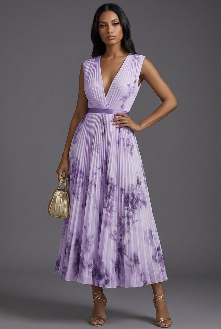Women's sophisticated floral V-neck midi dress with elegant pleats, ideal for formal parties.