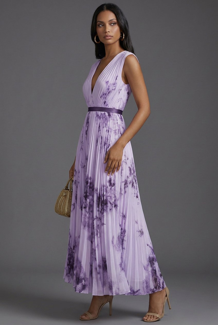 Elegant V-neck floral pleated midi dress, a stunning women's fashion piece for any special occasion.