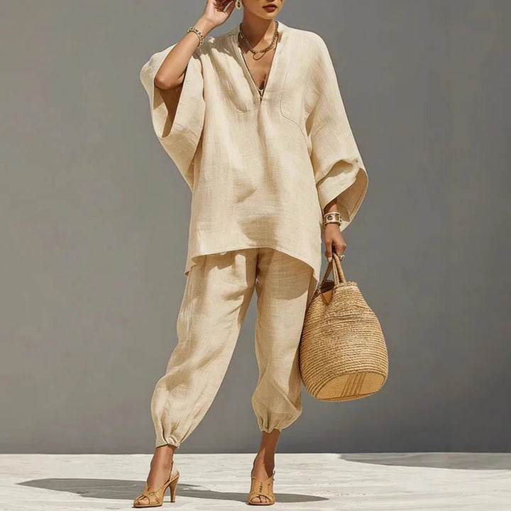 Women's natural linen two-piece set, comfortable & elegant, perfect for summer casual chic style.