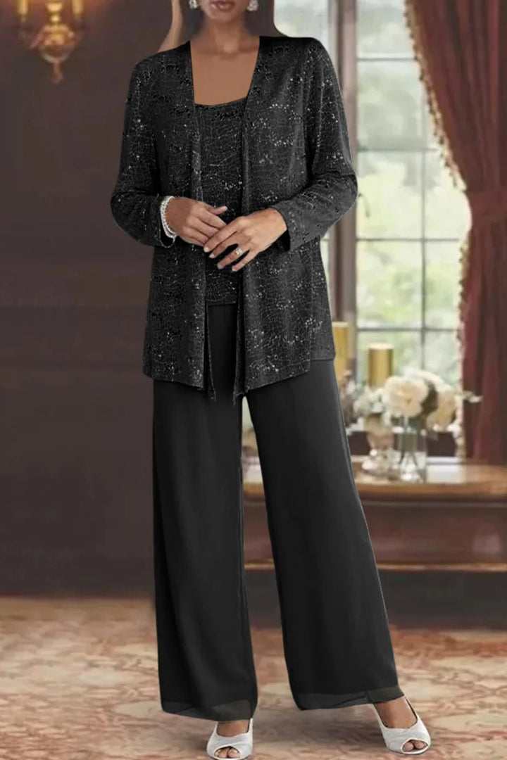 Elegant women's shimmering sequin 3-piece pants set. Perfect glamorous evening wear for special events.