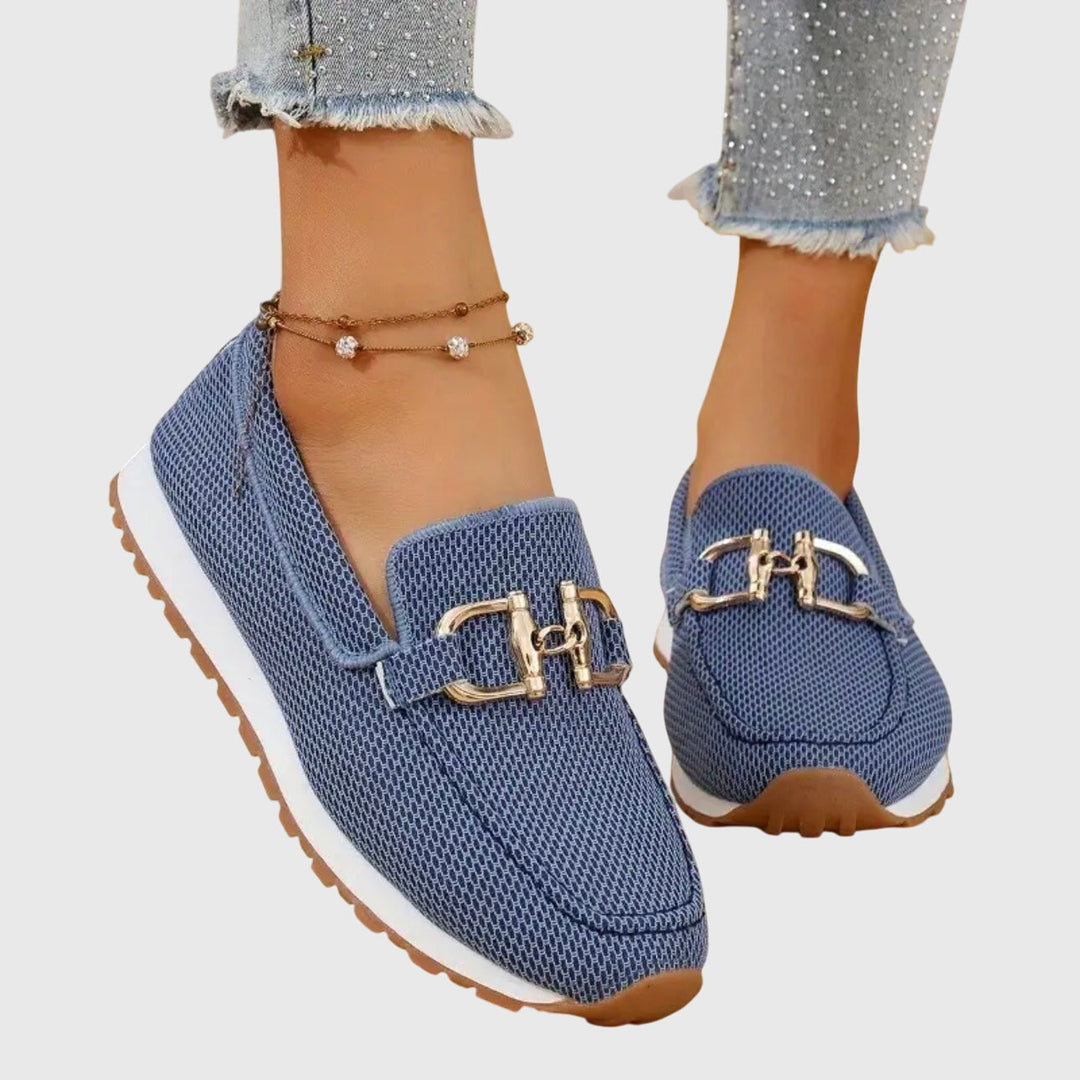 Blue women's slip-on loafers, orthopedic design for arch support and ultimate walking comfort.