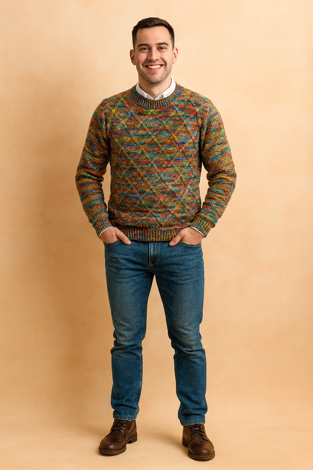 Men's cozy blue & orange diamond knit sweater. Stylish round neck cold weather comfort, perfect for autumn casual wear.