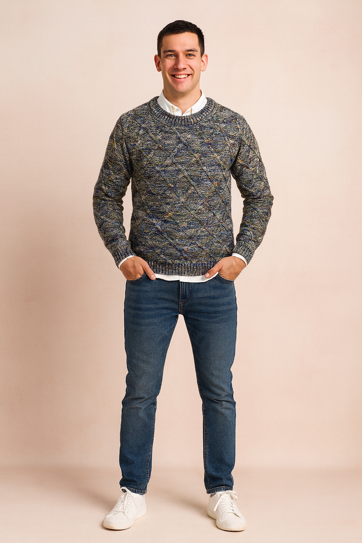Versatile men's multicolor diamond knit sweater in blue & orange. Elegant autumn winter fashion with a cozy round neck.