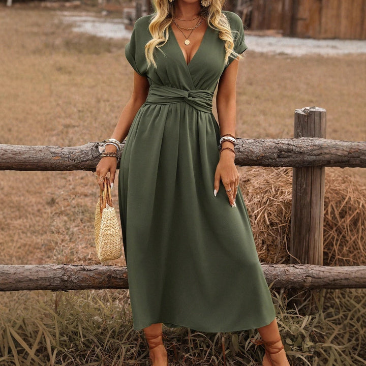 Women's elegant V-neck boho maxi dress, flowy and long, perfect for versatile occasion wear.