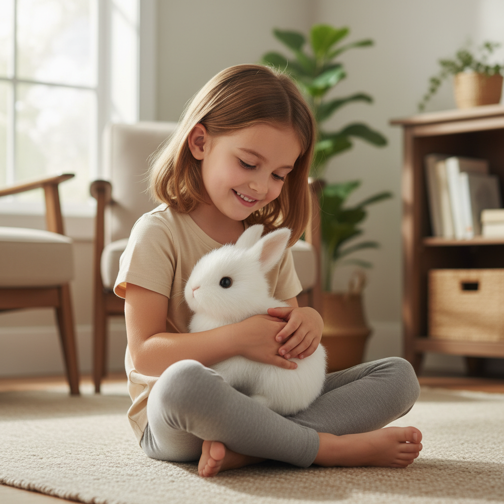 Interactive realistic plush bunny toy, a soft electronic rabbit companion for children's imaginative play.