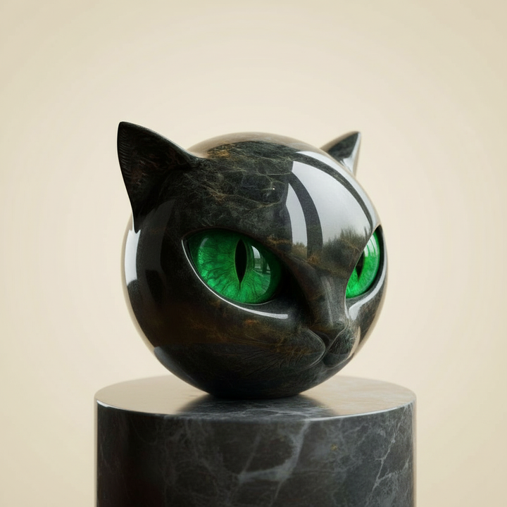 Glossy black cat head sculpture crafted from resin, perfect modern art for home decor or desk accessory.
