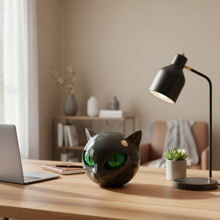 Elegant resin black cat sculpture with a glossy finish, an eye-catching animal statue for shelf decor.