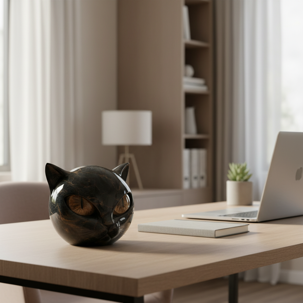Striking black cat head sculpture with mesmerizing eyes, a unique piece of modern art for any home decor.