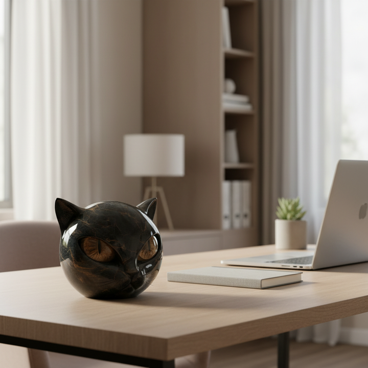 Striking black cat head sculpture with mesmerizing eyes, a unique piece of modern art for any home decor.
