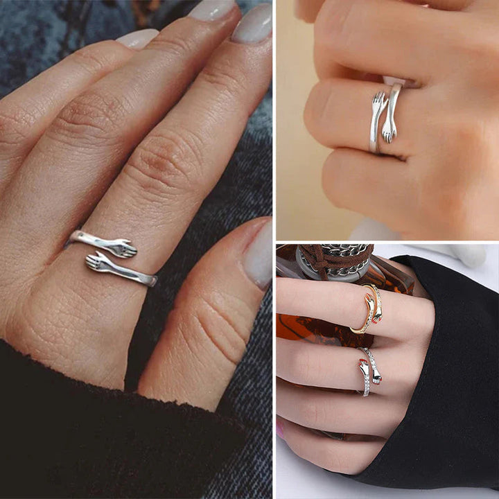 Silver-tone adjustable hug ring for men & women, a comforting love or friendship gift.