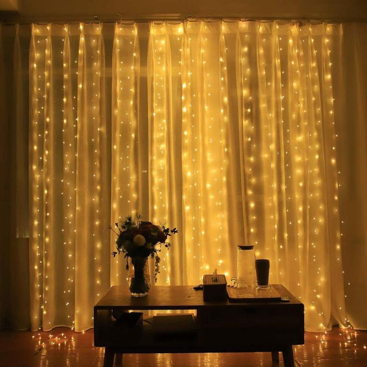 Beautiful warm white LED curtain string lights to enhance any indoor or outdoor setting.