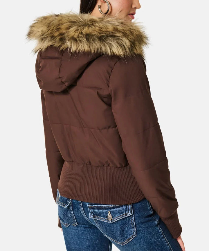 Women's casual quilted jacket, warm and cozy, with a stylish faux fur hood.