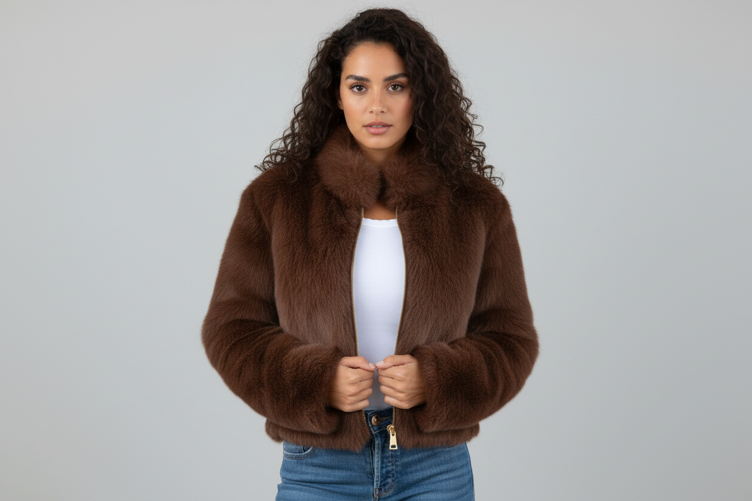 Women's cozy cropped jacket, perfect for stylish winter warmth. Ideal casual & elegant outerwear.