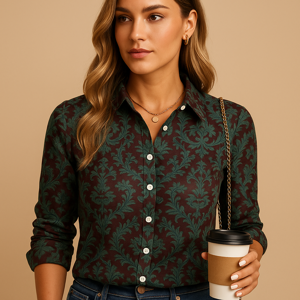 Chic women's blouse with a vibrant pattern & flattering fit, ideal for versatile fashion, from casual to elegant.