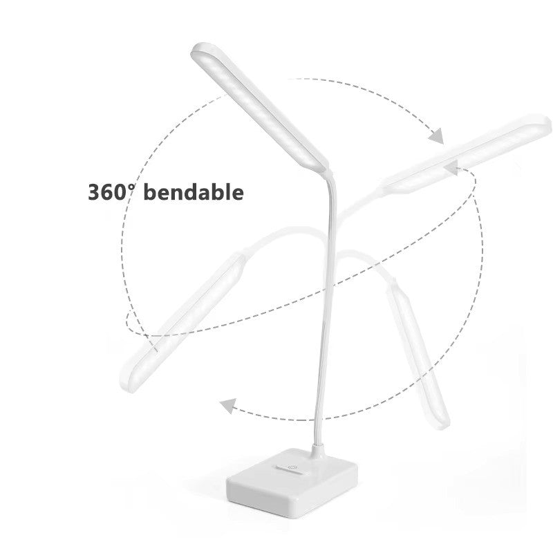 Compact flexible LED desk lamp, dimmable, with an adjustable arm, perfect for modern workspaces.