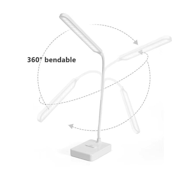 Compact flexible LED desk lamp, dimmable, with an adjustable arm, perfect for modern workspaces.