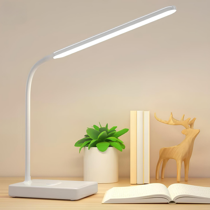 Dimmable LED desk lamp providing adjustable bright light, ideal for reading or a workspace.