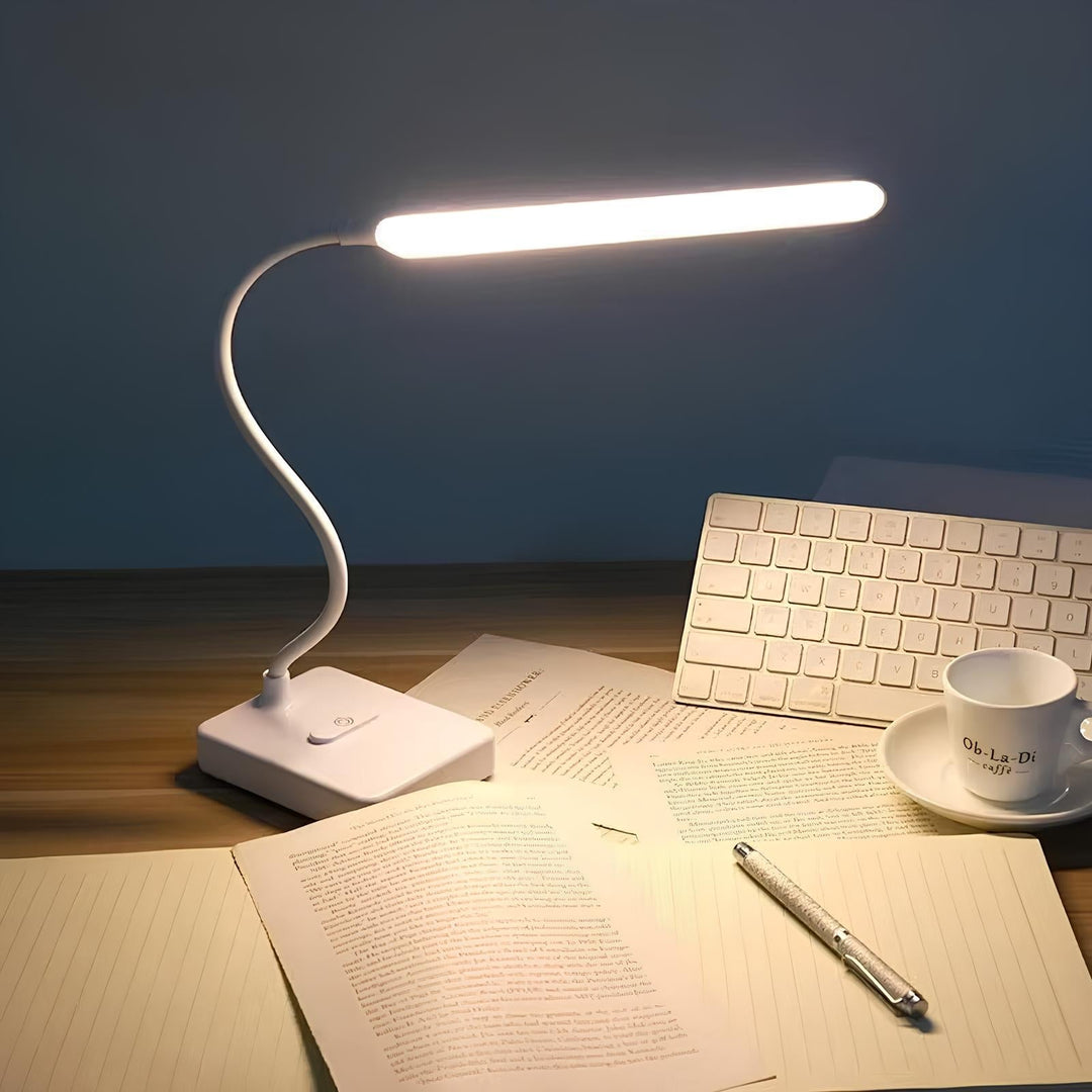 Modern flexible LED desk lamp with dimmable light settings & an adjustable arm for optimal lighting.