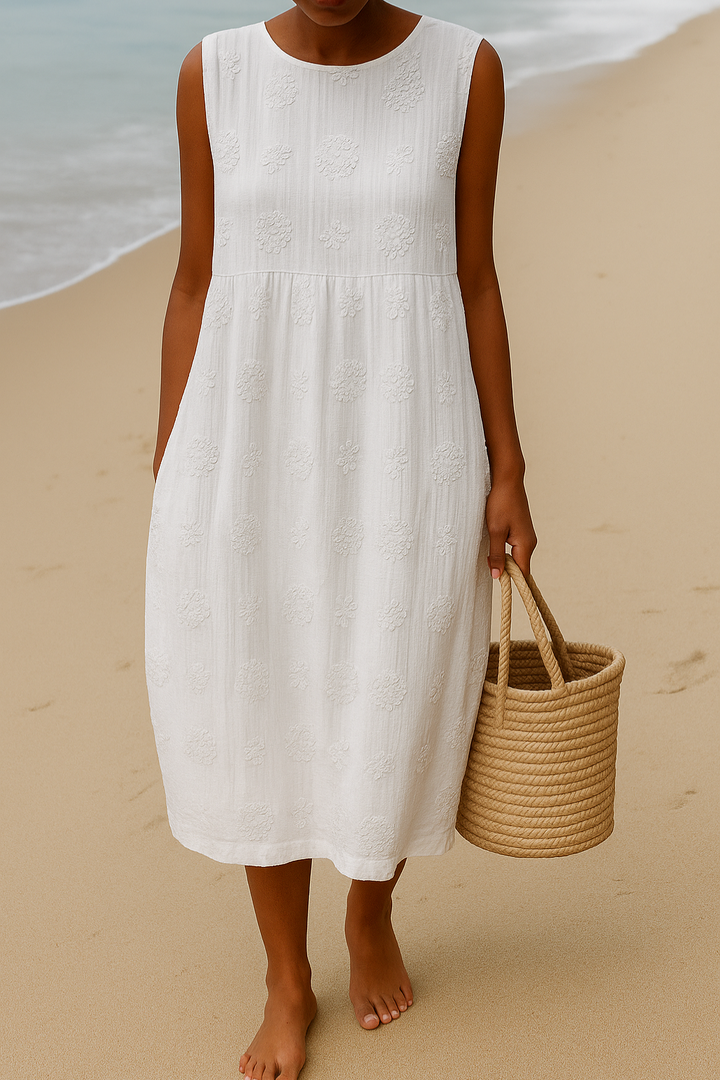Comfortable women's A-line sleeveless floral dress, perfect for casual outings or elegant evening events.