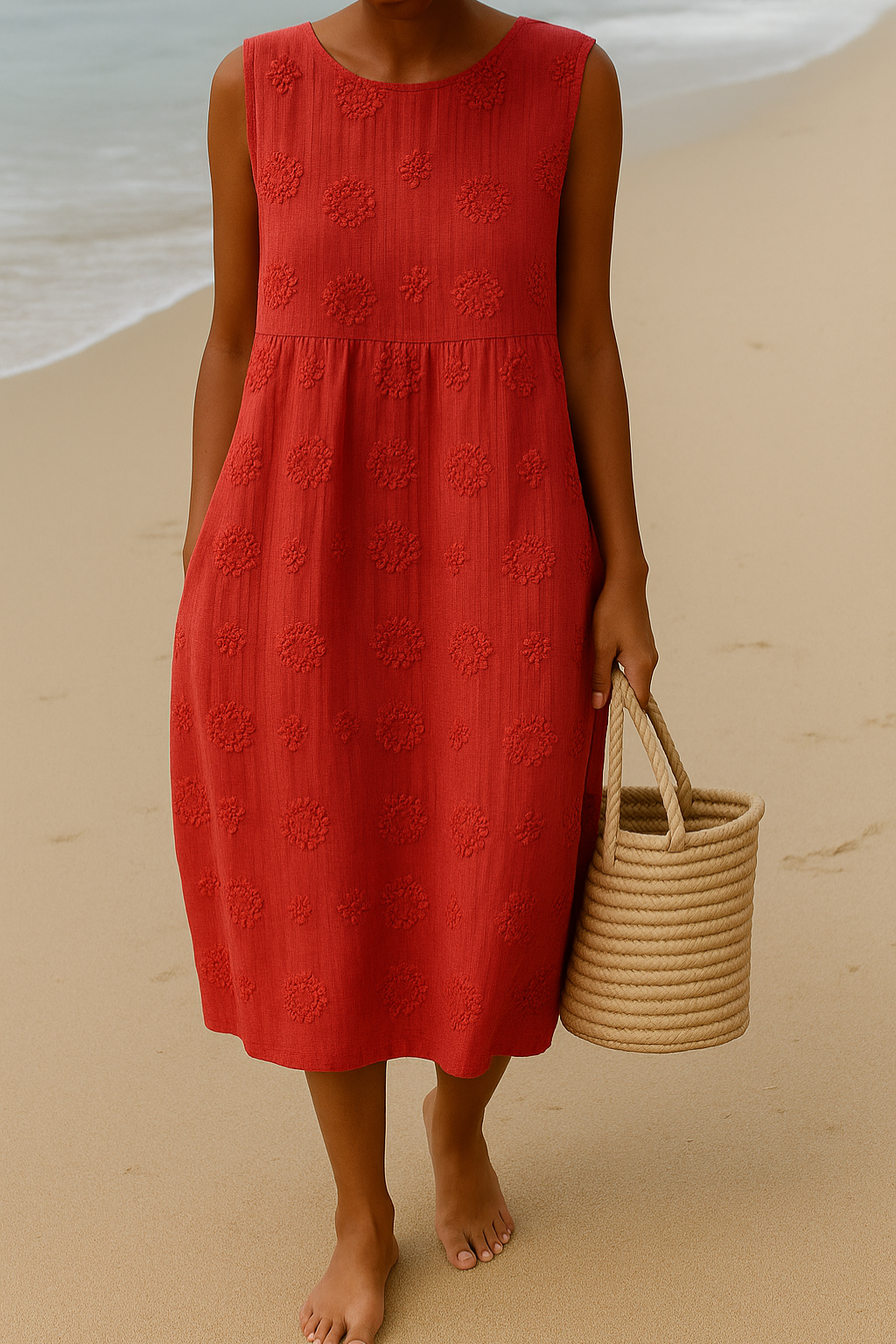 Chic women's floral A-line sleeveless midi dress. Versatile for summer, day or evening elegance.
