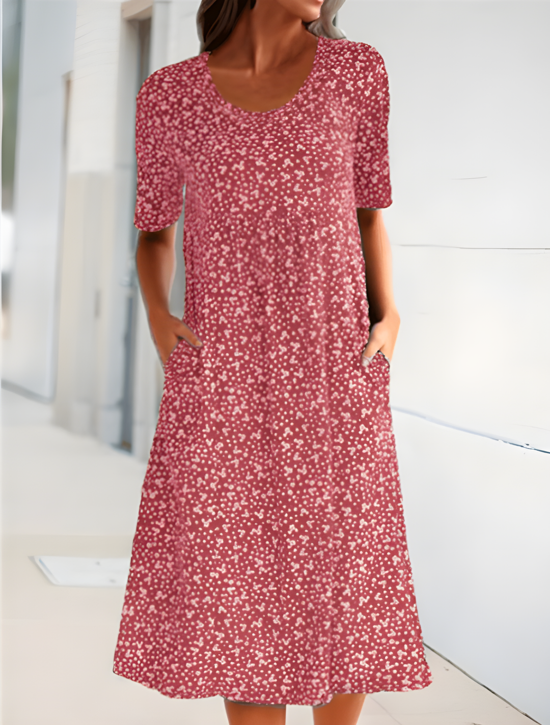 Women's floral round neck casual midi dress with pockets. Perfect for summer, everyday wear, and comfort.
