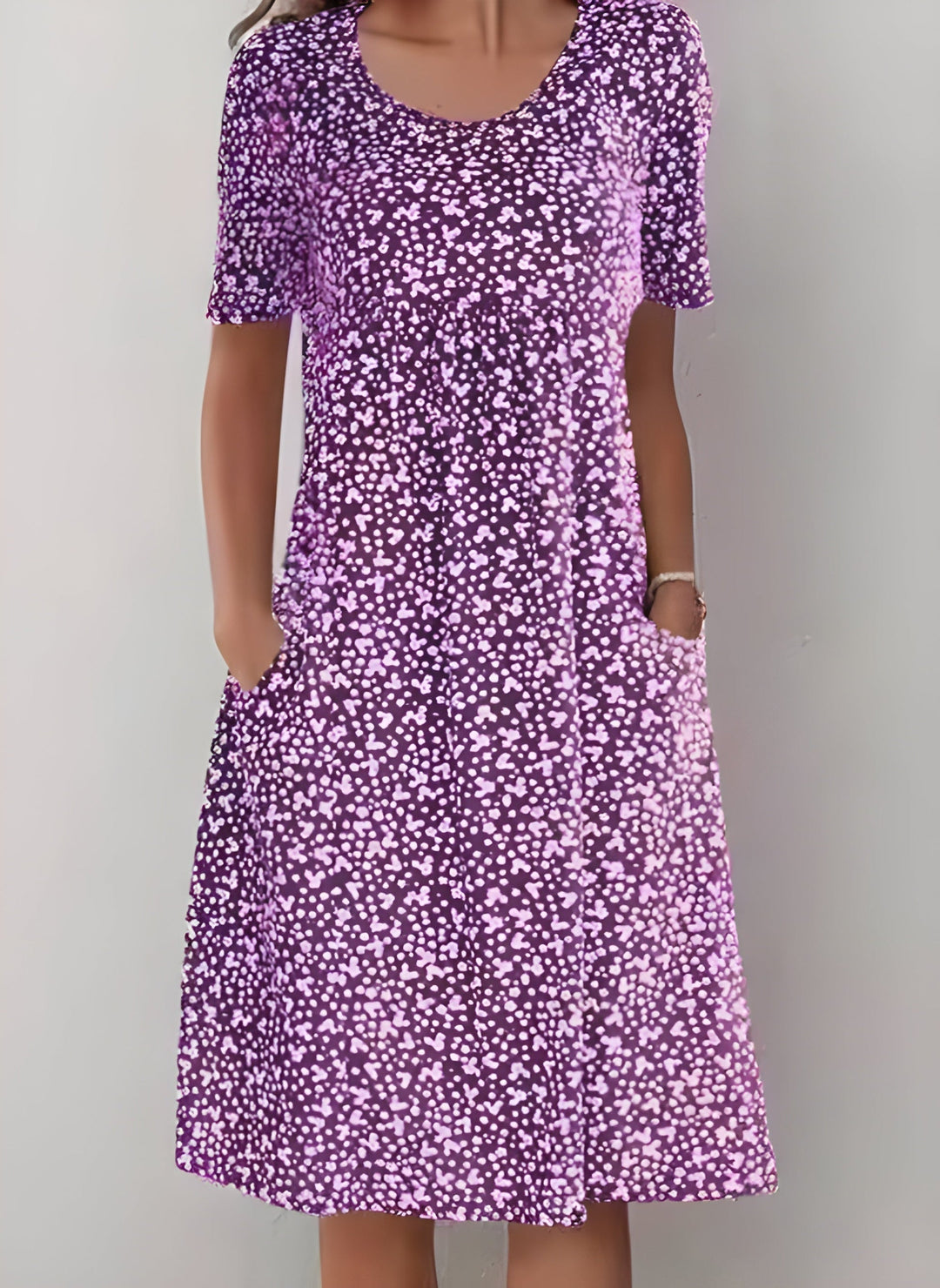 Women's casual floral round neck midi dress with pockets. Comfortable, relaxed fit, great for summer and everyday wear.