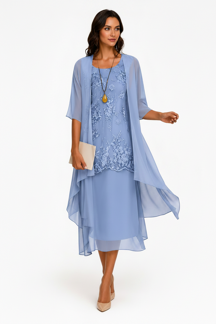 Elegant women's two-piece midi dress & jacket set, perfect for wedding guests & special occasions.