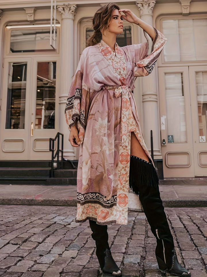Relaxed fit women's floral kimono with flowing batwing sleeves & stylish belted waist, one size summer cover-up.