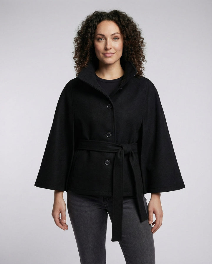 Elegant women's high-collar belted wrap trench coat, perfect for chic fall & winter outerwear.