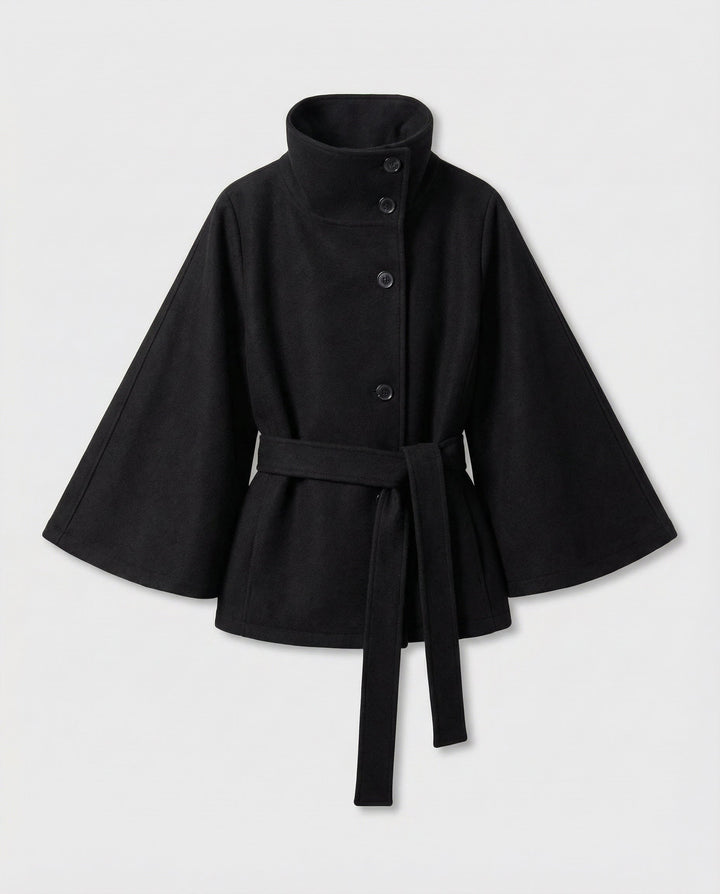 Women's elegant high-collar trench coat with a flattering belted wrap design, perfect for sophisticated style.