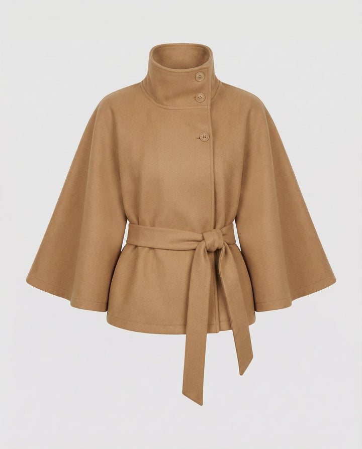 Sophisticated women's long wrap jacket, an elegant high-collar belted trench coat for stylish fall ensembles.
