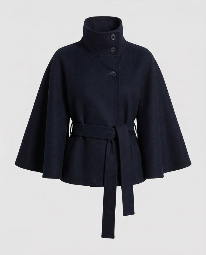 Luxurious women's high-collar wrap jacket, a belted trench coat designed for elegant and chic fall outerwear.