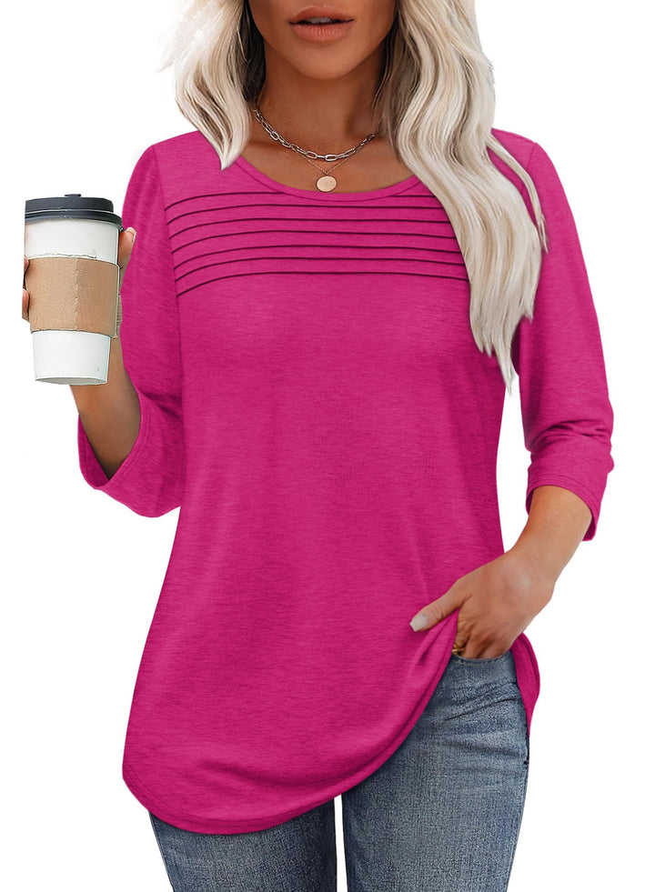 Women's 3/4 Sleeve Pleated Top with Scoop Neck
