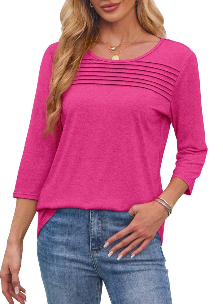 Women's 3/4 Sleeve Pleated Top with Scoop Neck