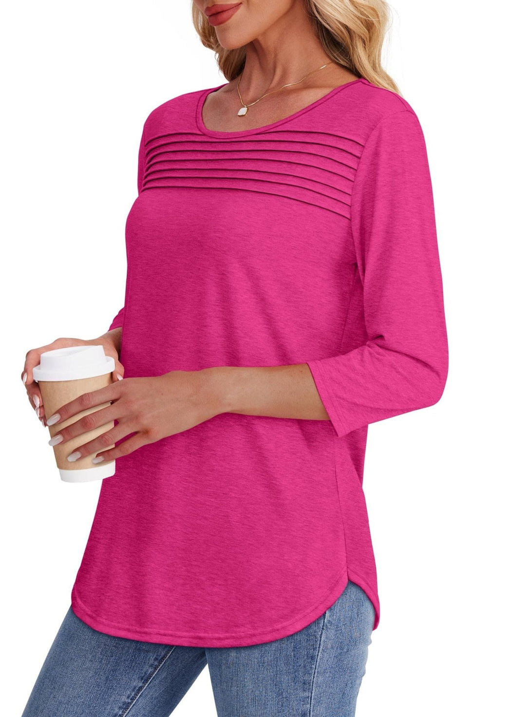 Women's 3/4 Sleeve Pleated Top with Scoop Neck