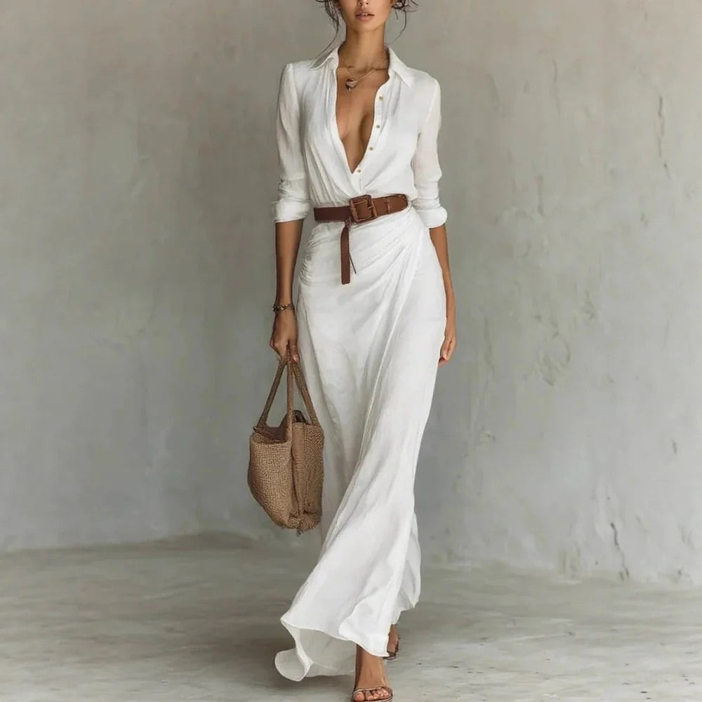 Elegant women's belted maxi dress, perfect for summer. Features button-front & long, flowy design for chic comfort.
