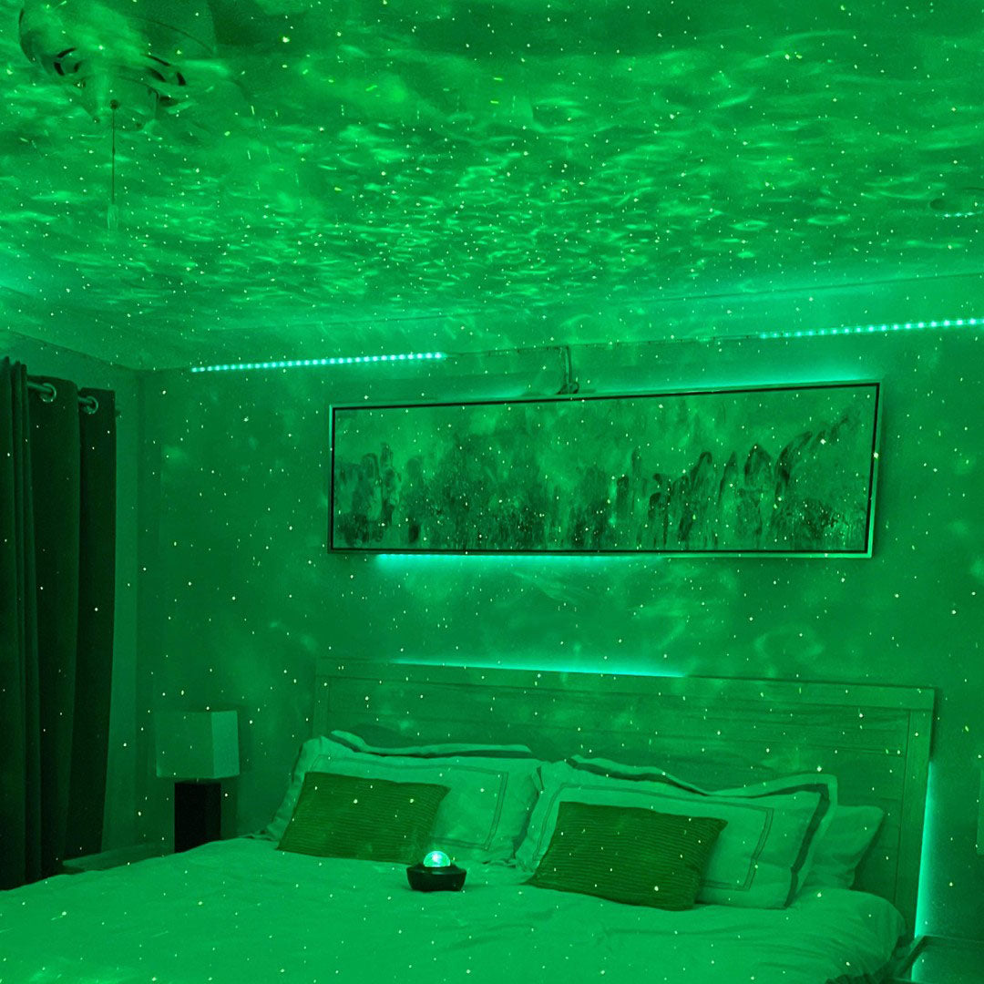 Living room ceiling transformed by a Star Light Projector, bringing celestial beauty and relaxing ambiance home.