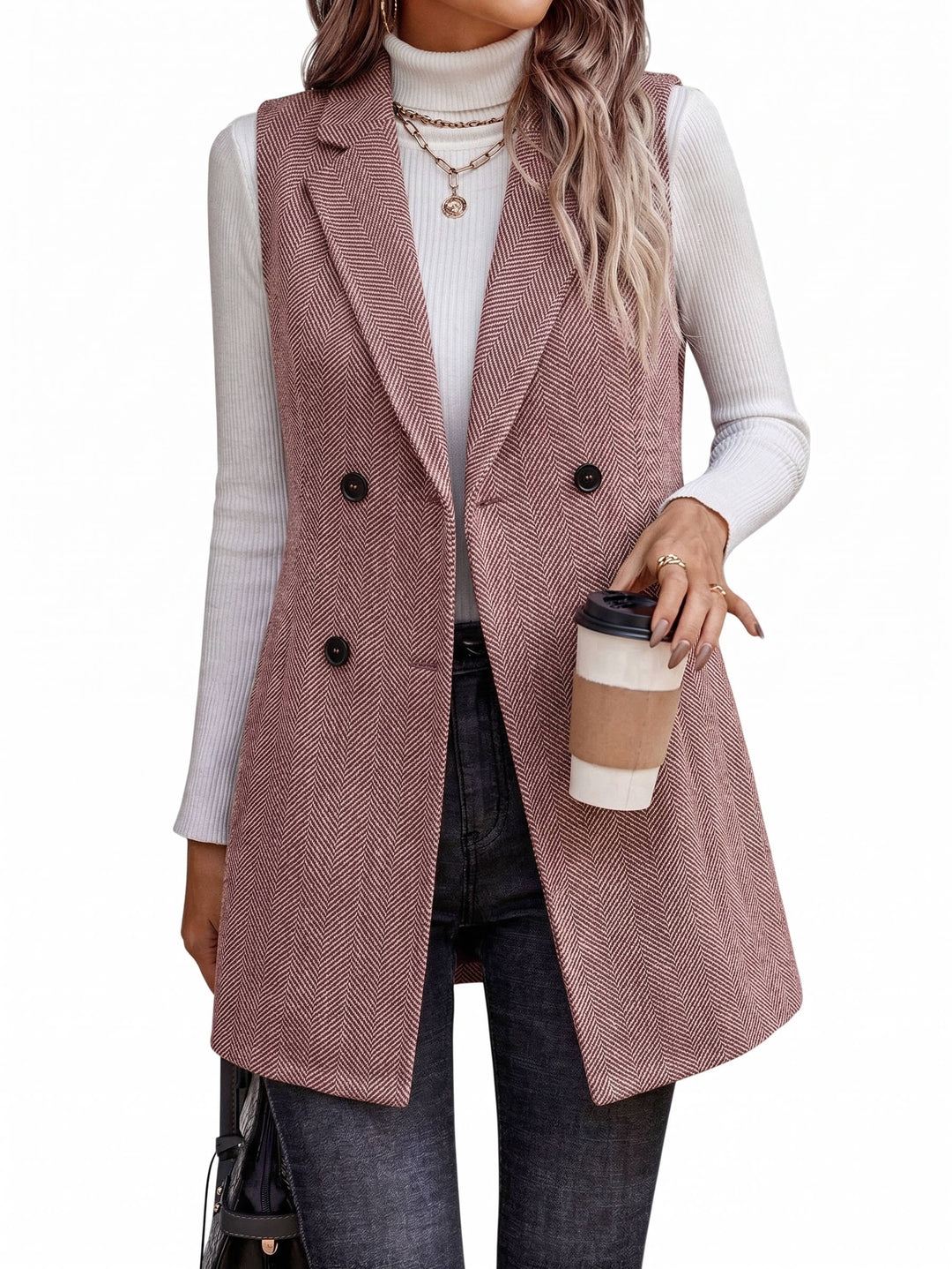 Women's double breasted vest blazer with classic lapel, perfect for stylish layering.