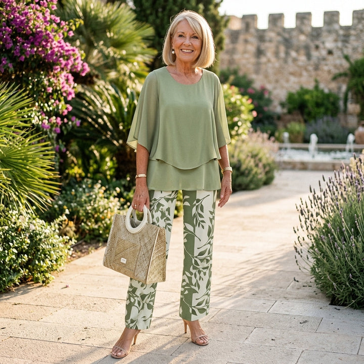 Chic women's matching top and trousers set, ideal for summer style & casual elegant fashion.