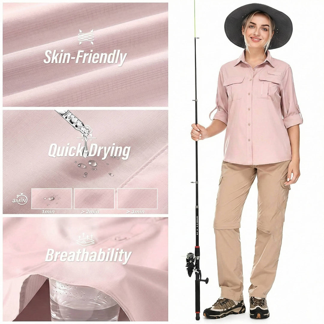 Collared women's UPF 50 long sleeve shirt, breathable, perfect for fishing & outdoor sun protection.