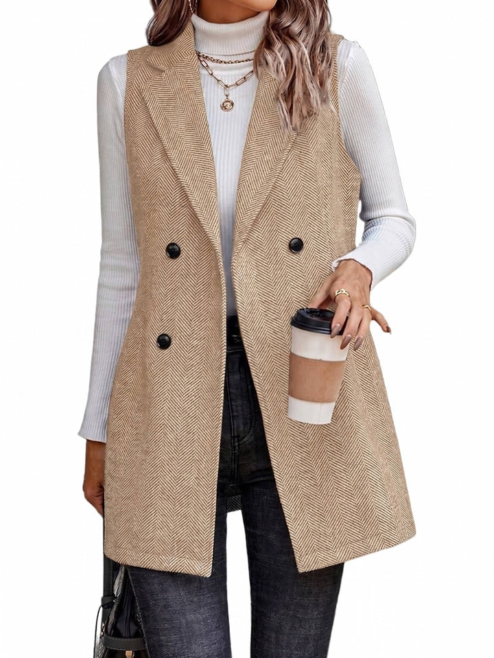 Versatile women's sleeveless vest blazer with classic lapel, great for casual or formal outfits.