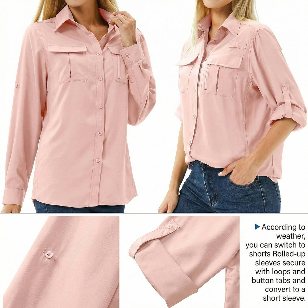 Trail-ready women's long sleeve UPF 50 hiking shirt for sun protection, active travel & adventure.