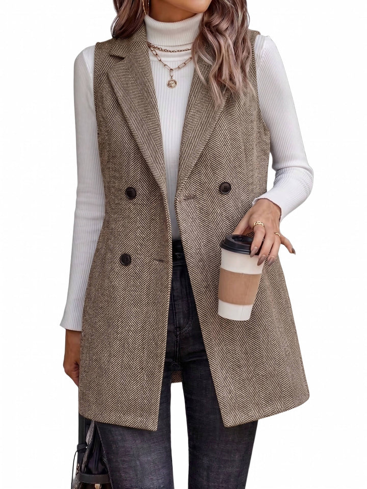 Black women's double breasted vest blazer with classic lapel, sleek for work or casual.
